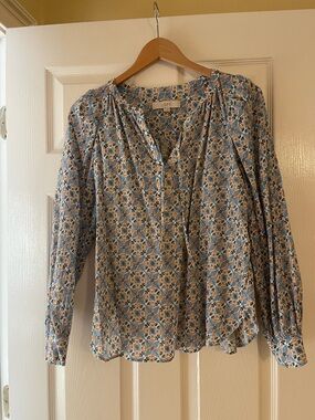 LOFT Blue and Cream Geometric Floral Long Sleeve Blouse